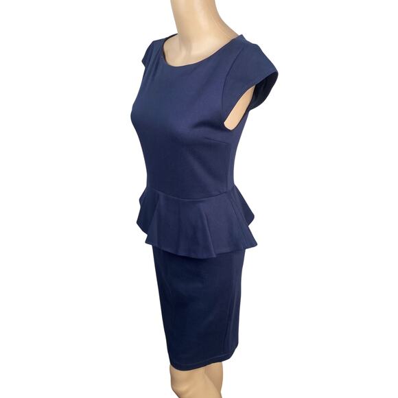 Alice + Olivia Employed Navy Blue Cap Sleeve Peplum Sheath Dress SZ 8 - Picture 5 of 8